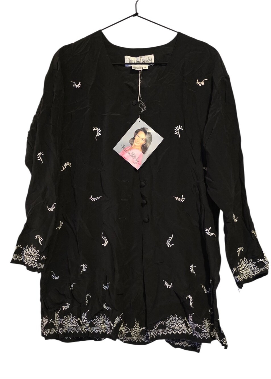 Vintage DVF Silk Tunic Black White Embeoidered NWT Size XS